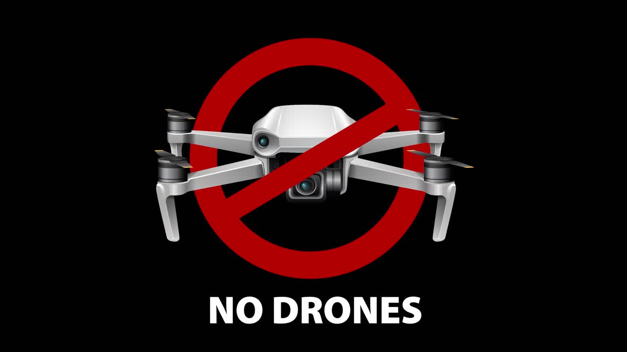 Animation showing drones with a red prohibition symbol, emphasizing a no-fly zone message