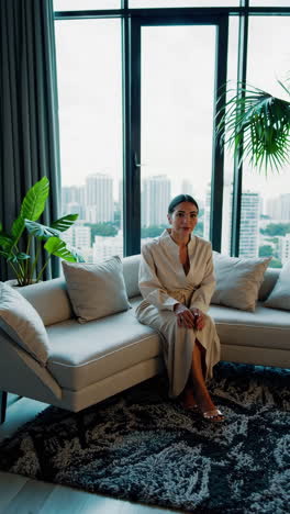 woman in a stylish outfit, city view, modern home