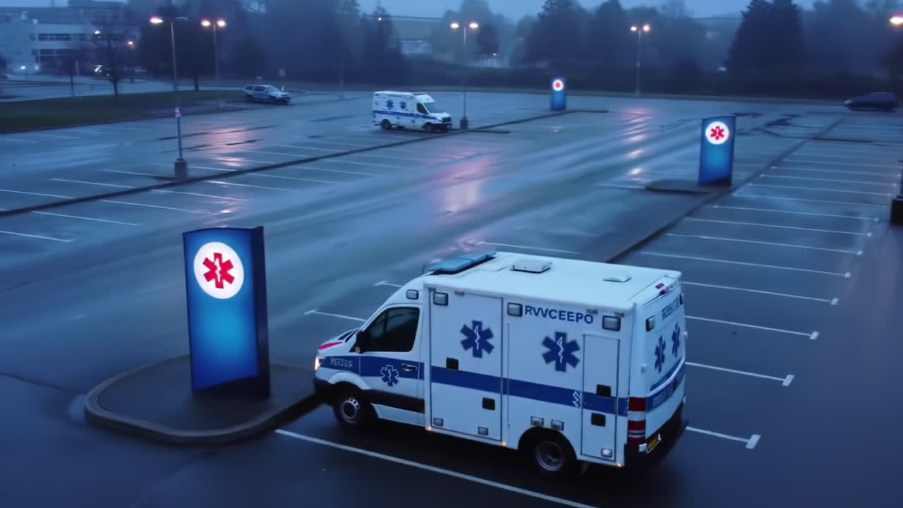 Quiet Night in an Ambulance Parking Lot: Emergency Vehicles Awaiting Call in an Empty, Dimly Lit Space with Illuminated Symbols Under a Foggy Sky