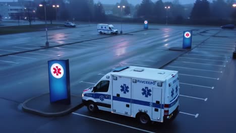 quiet night in an ambulance parking lot: emergency vehicles awaiting call in an empty, dimly lit space with illuminated symbols under a foggy sky