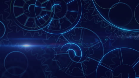 animation of cog wheels over light trails on black background