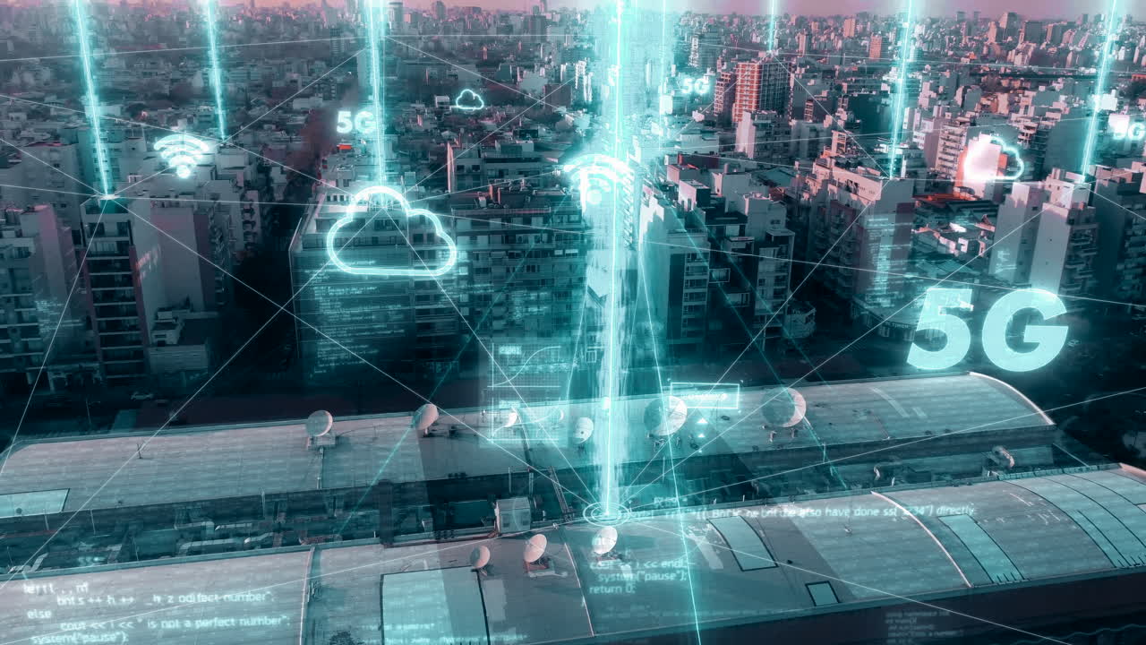 Aerial: Satellites connecting city apartments of Buenos Aires with 5G wifi internet and cloud television - Futuristic concept with turquoise digital lines in residential area