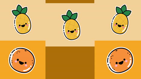 animación de frutas en movimiento sobre un fondo geométrico amarillo