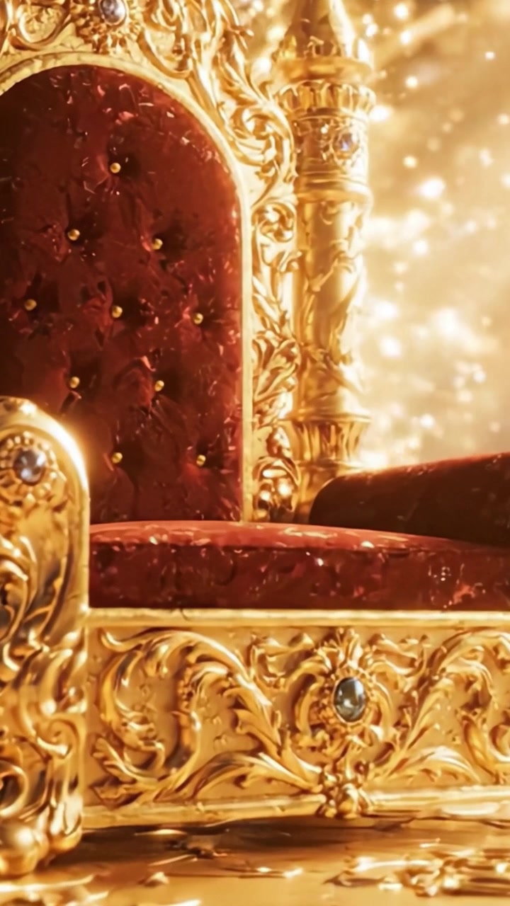 Ein majestätischer goldener Thron, geschmückt mit rotem Samtkissen und aufwendigen Blumenmustern, gebadet in ätherischem Licht und umgeben von einer traumhaften Atmosphäre.