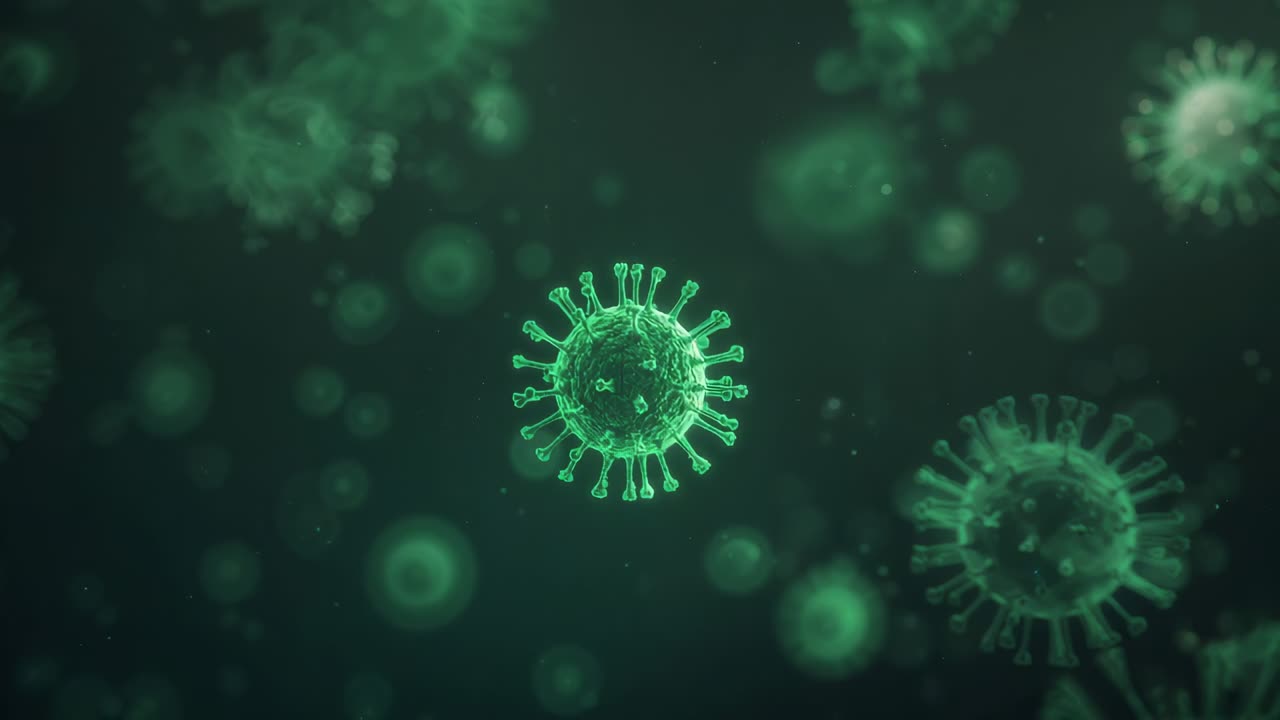 Particella verde appuntita e centrata in rotazione che pulsa in un fluido, altre particelle alla deriva, spostamento della telecamera