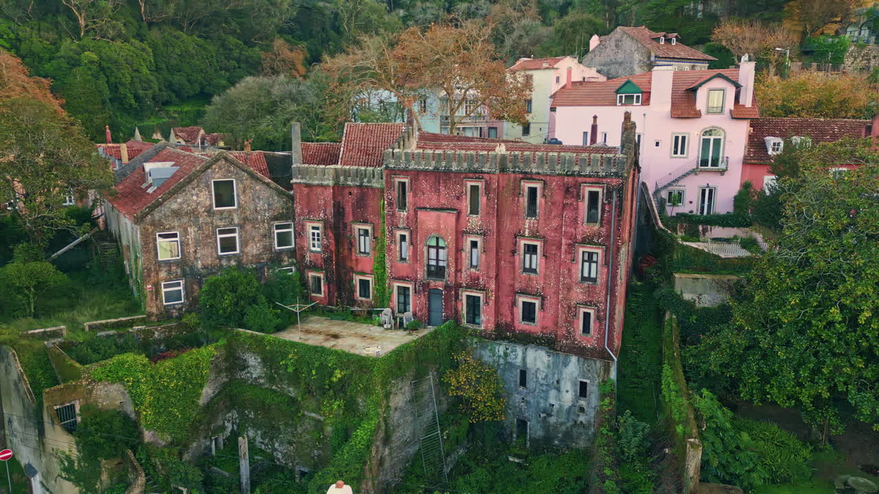 Historic residence old town drone view. Picturesque medieval red-brick house