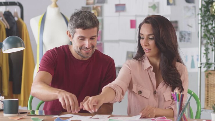 Designers de moda masculinos e femininos em mesa no estúdio a discutir amostras de cores.