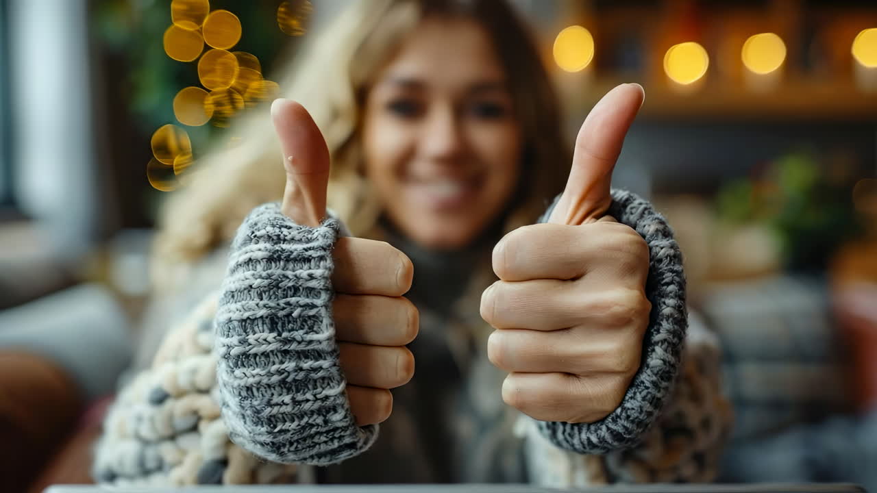 Woman shows double thumbs up in a cozy indoor setting with warm lights during a gathering