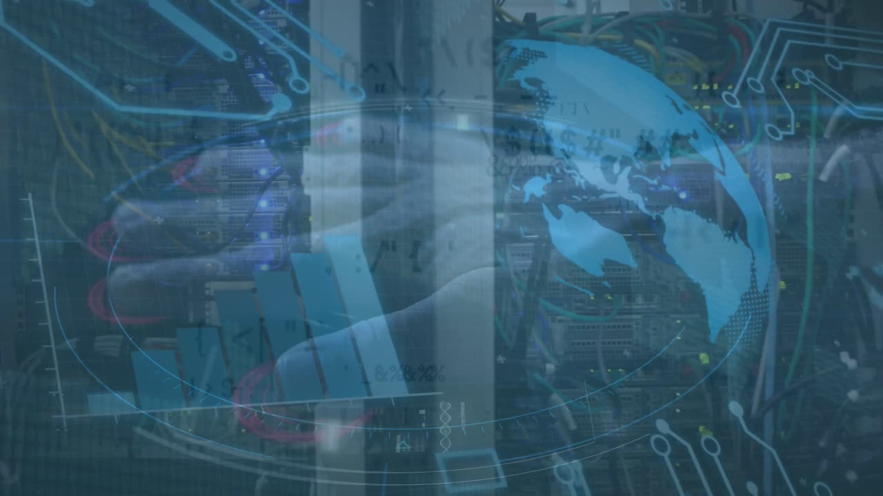 Animation of globe and data processing with hand over room