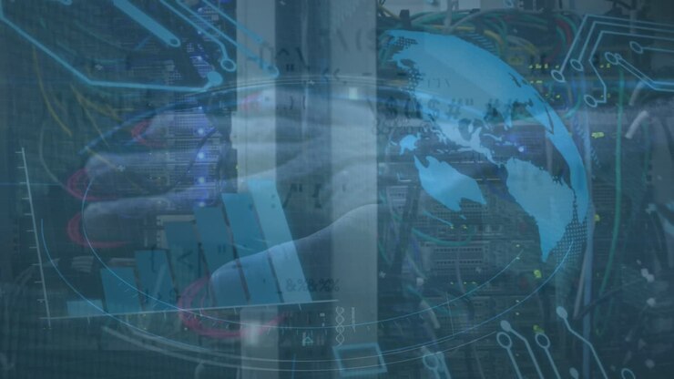 Animation of globe and data processing with hand over room