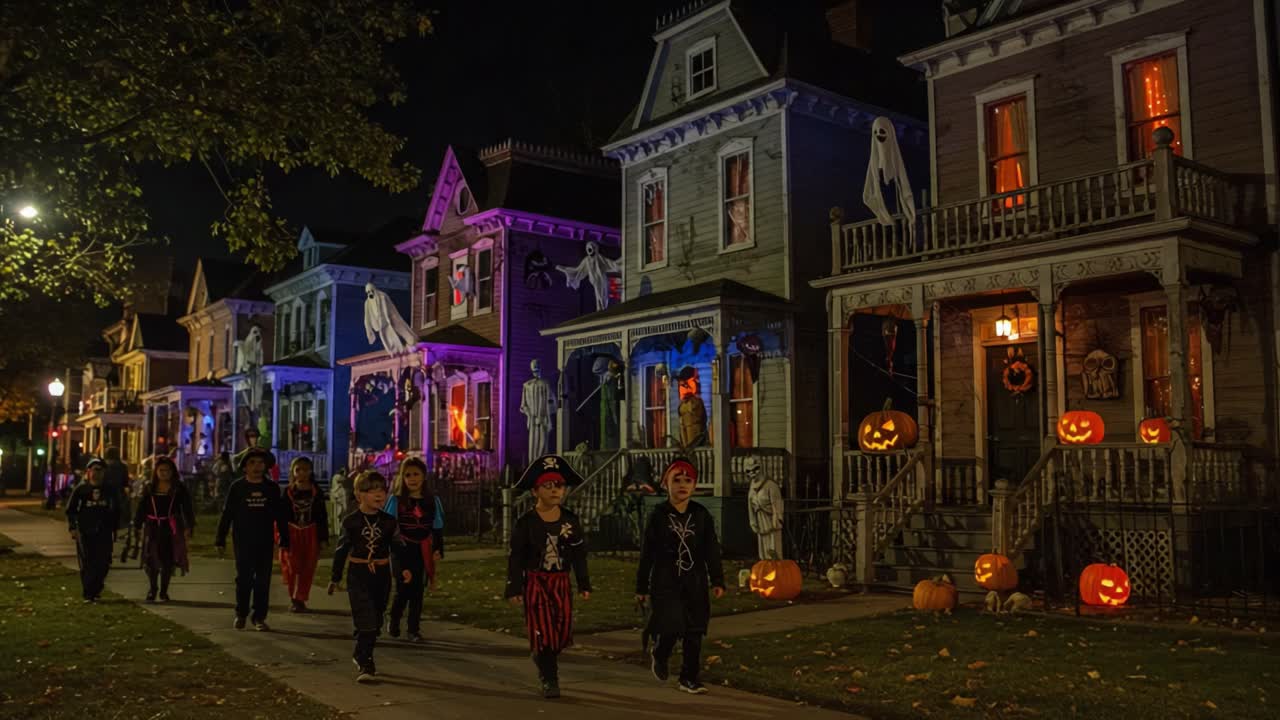 A Spooktacular Halloween Night: Children Dressed in Costumes Parade Along a Haunted Street Adorned with Pumpkins, Ghosts, and Eerie Decorations