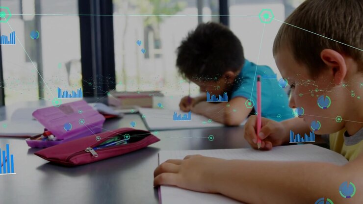 Hand holding pencil initiating education task, boys writing and animated graphs linking pages