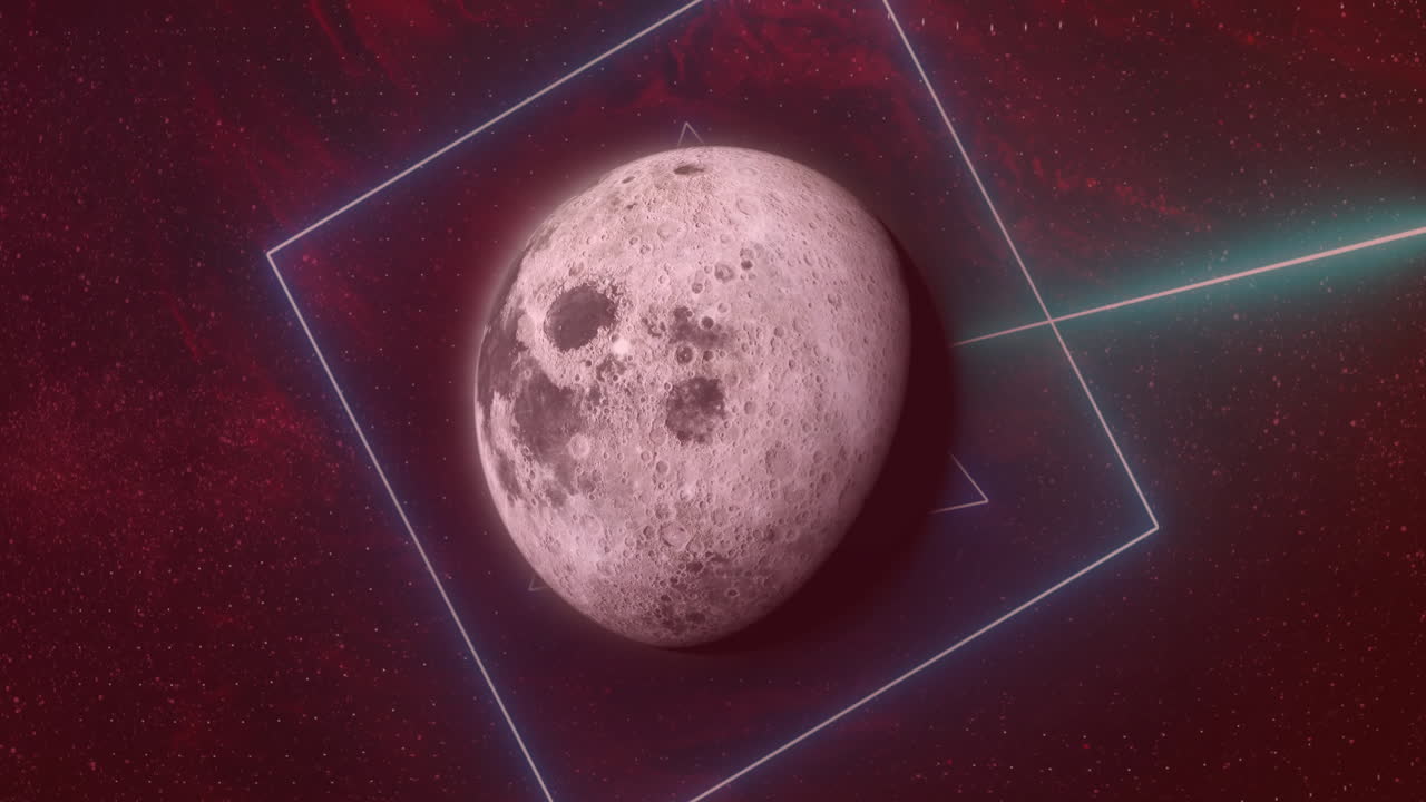 Animation of colourful shapes over planet on sky with stars