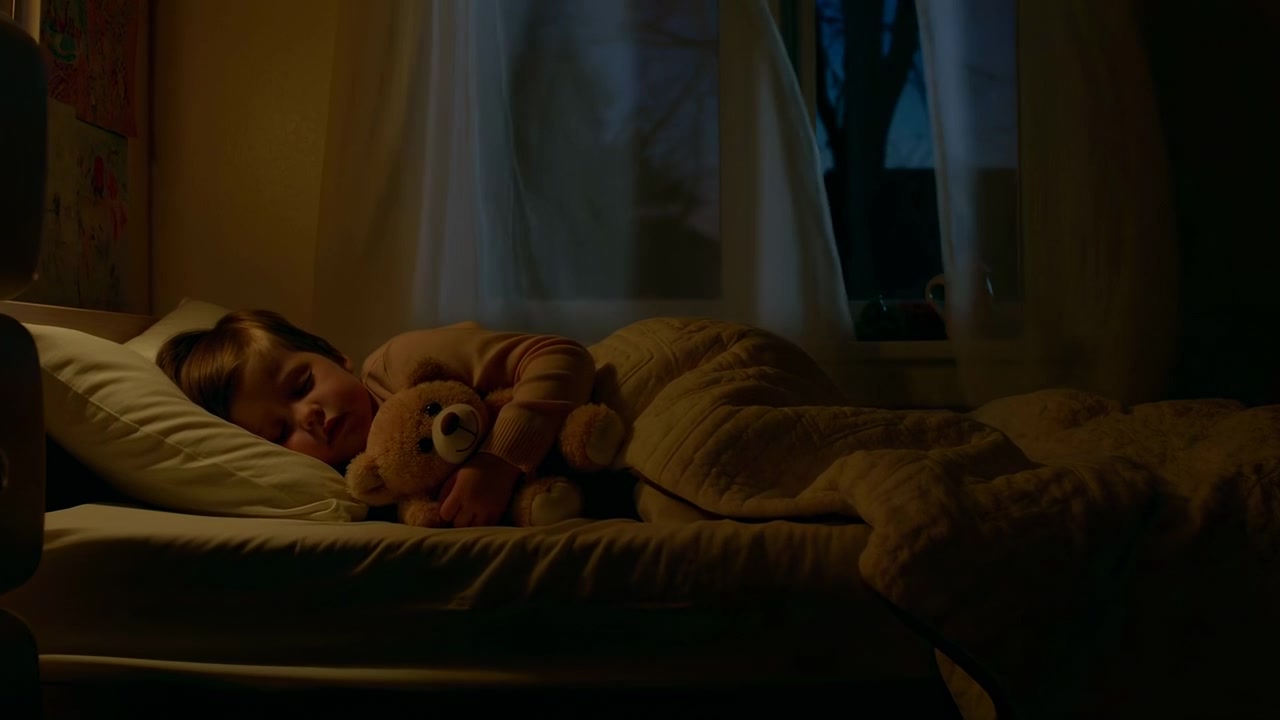 Child Sleeping With Teddy Bear By Window, Dim Lamp Glow And Moonlight Silhouette, Cozy Blanket And Plush