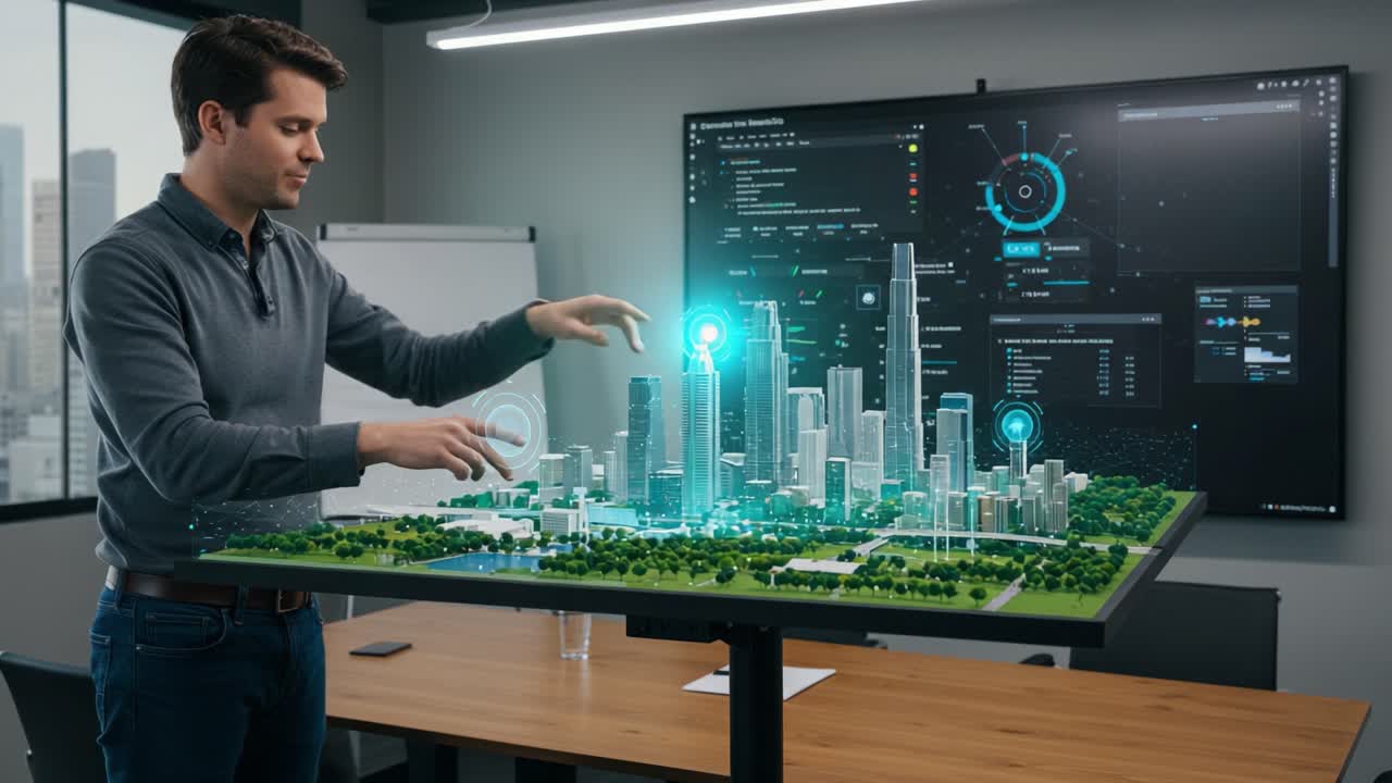 Innovative Interaction with 3D Urban Models: A Professional Engages with Advanced Visualization Technology in a Modern Office Environment