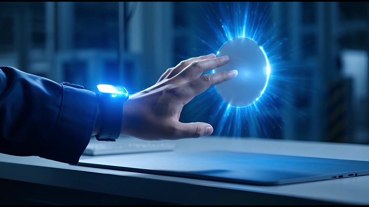 Hand Interacting with Futuristic Holographic Interface and Smartwatch