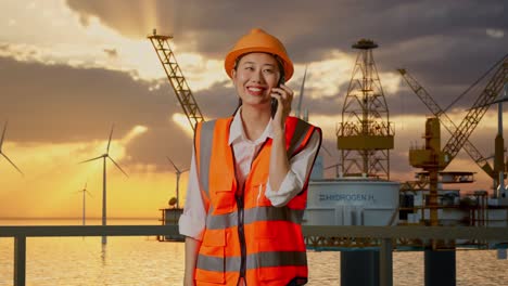 offshore engineer talking on phone at sunset