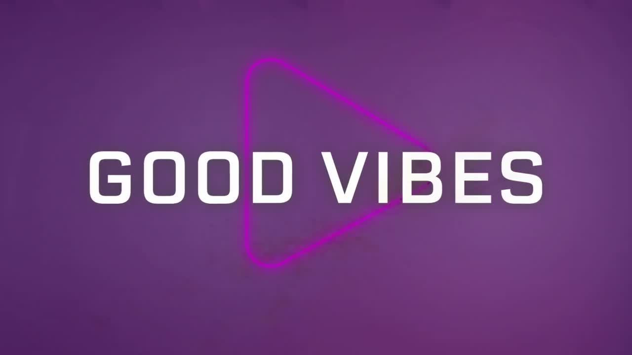 animación de buenas vibraciones banner de texto sobre y icono de juego de neón contra fondo púrpura