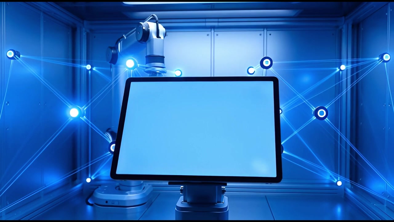 Braccio robotico con interfaccia digitale in un laboratorio futuristico