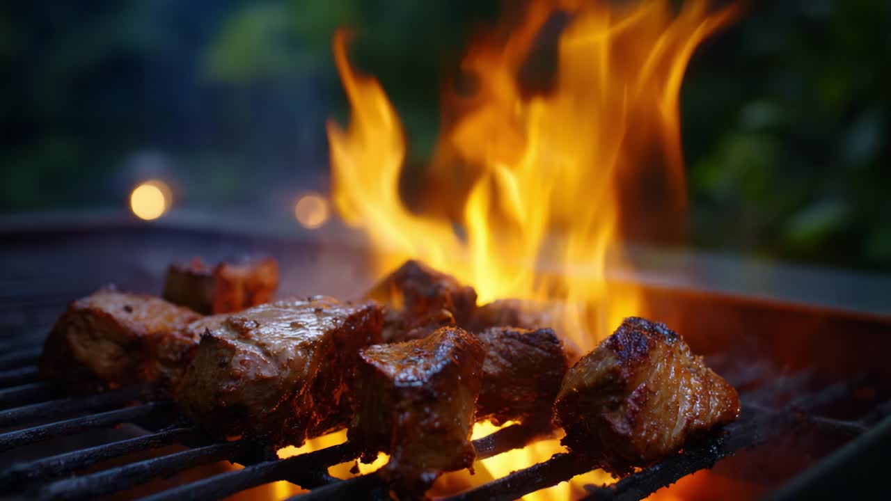 Sizzling Grilled Meat Over a Fiery Barbecue Flame Captured in Two Striking Frames, Showcasing the Richness of Outdoor Cooking and the Art of Grilling Delicious Cuts of Meat