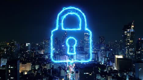 a stunning visual representation of security, illustrated through a neon blue lock overlooking a vibrant city skyline at night, highlighting the importance of digital protection