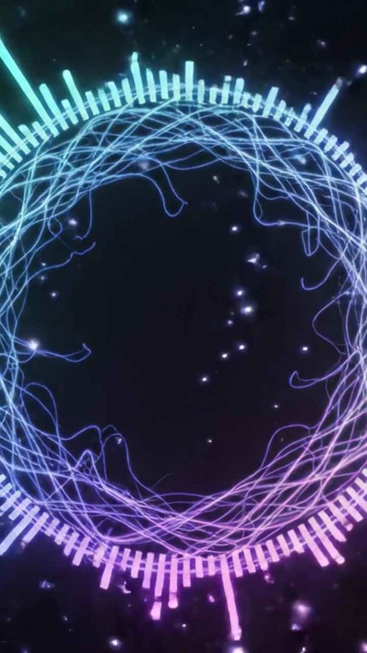 Dynamiske abstrakte visualiseringer af lydbølger og lysmønstre, der repræsenterer lydfrekvenser og vibrationer i et cirkulært design