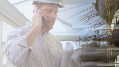 Animation-of-caucasian-male-architect-with-phone-and-plans-over-cityscape