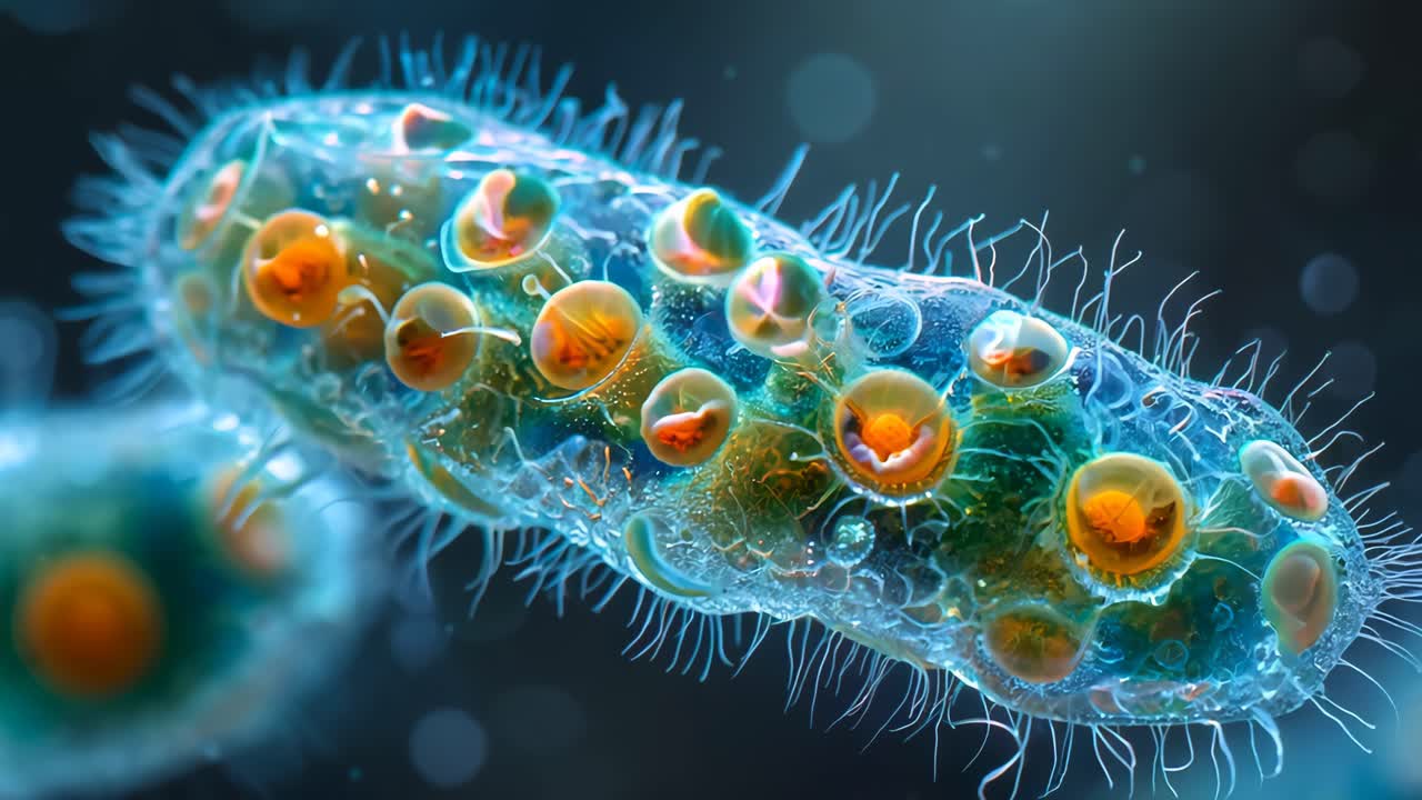 A colorful, fuzzy looking creature with many small eyes and a long, thin body. The creature is surrounded by a blue background