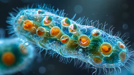 A colorful, fuzzy looking creature with many small eyes and a long, thin body. The creature is surrounded by a blue background
