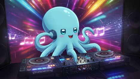 a colorful animated octopus dj spins vibrant melodies amidst radiant lights and musical notes in an energetic dance party atmosphere