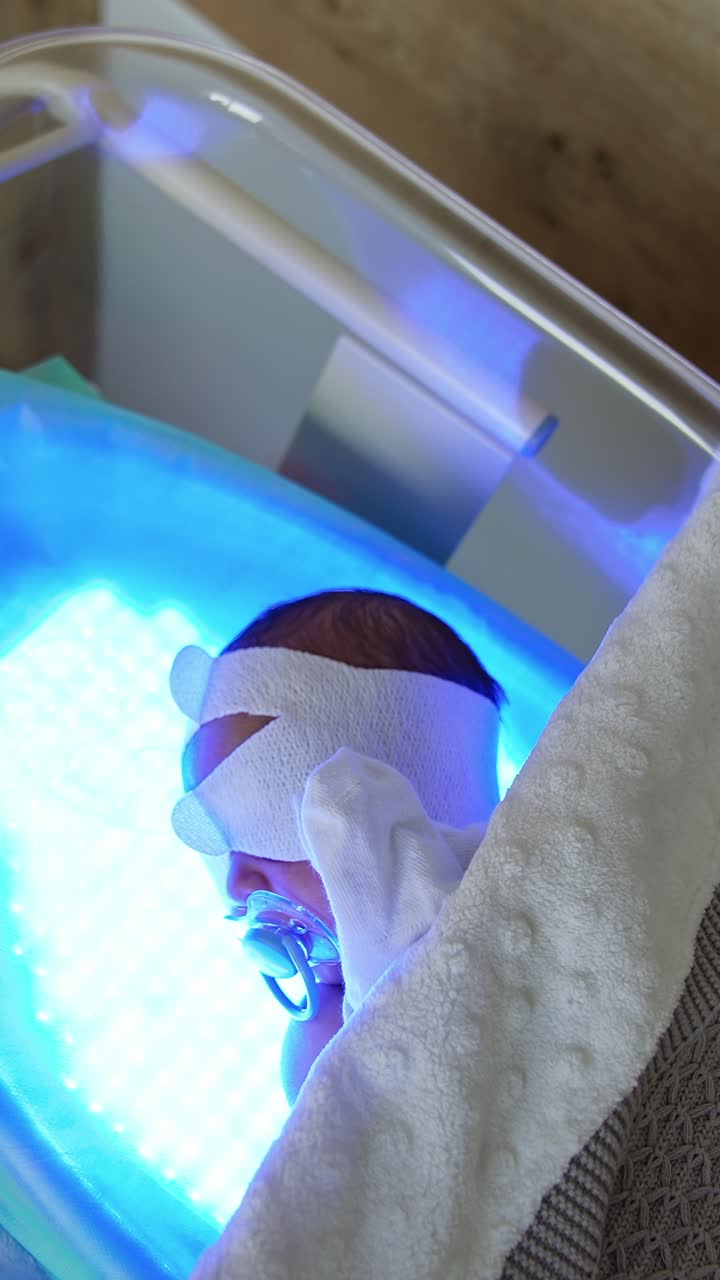 High bilirubin treatment for a newborn child. Tiny baby lies on a ultraviolet lamp in a crib covered with blanket. Top view. Vertical video