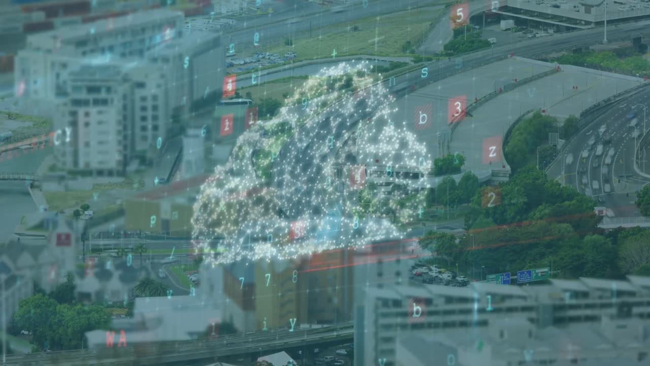 Animation of data processing and cloud over cityscape
