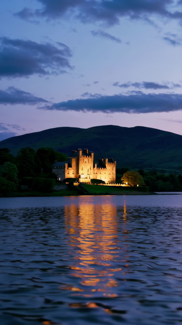 Illuminated Castle Reflecting in Water at Dusk