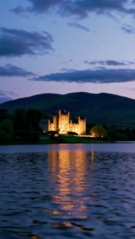 illuminated castle reflecting in water at dusk