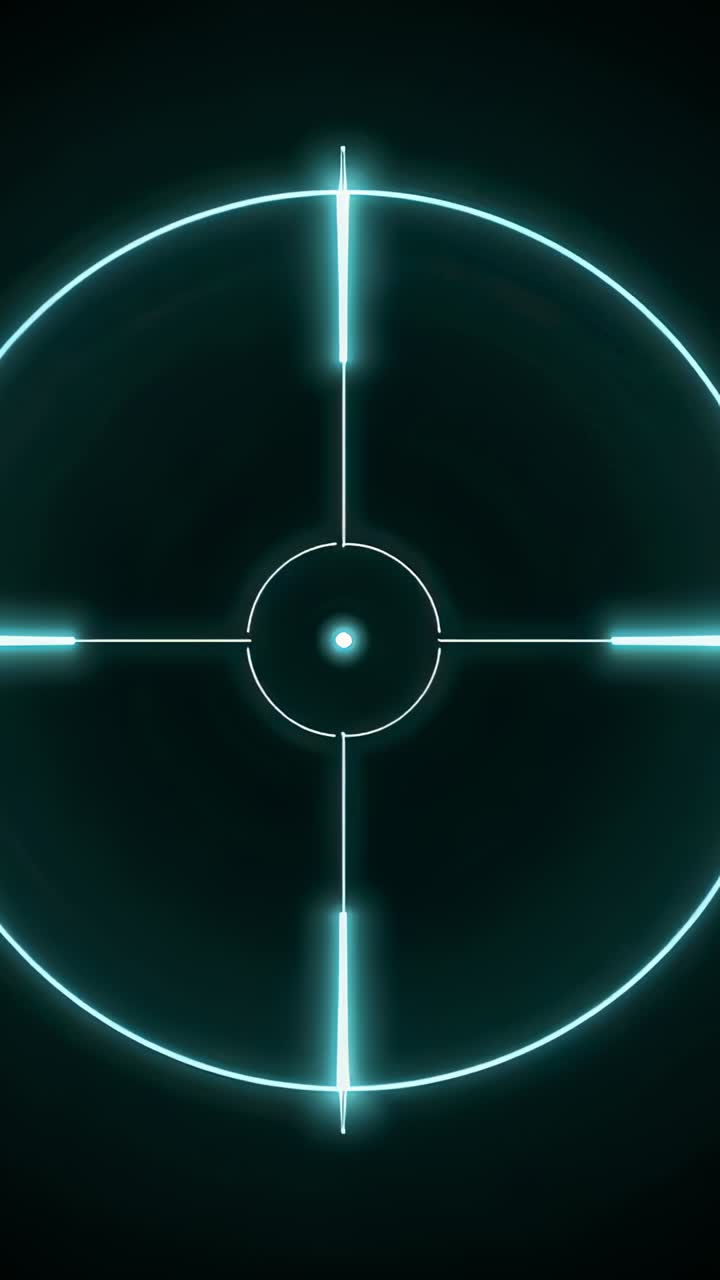 Video i højformat: Cyanfarvet HUD-mål i loop pulserer på mørk skærm. Ringe, prikker, streger og halo til scanning