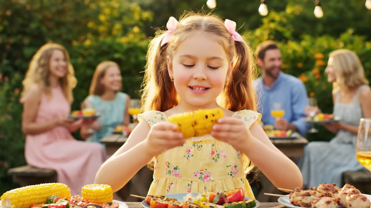 Young girl enjoying corn on the cob at an outdoor family barbecue