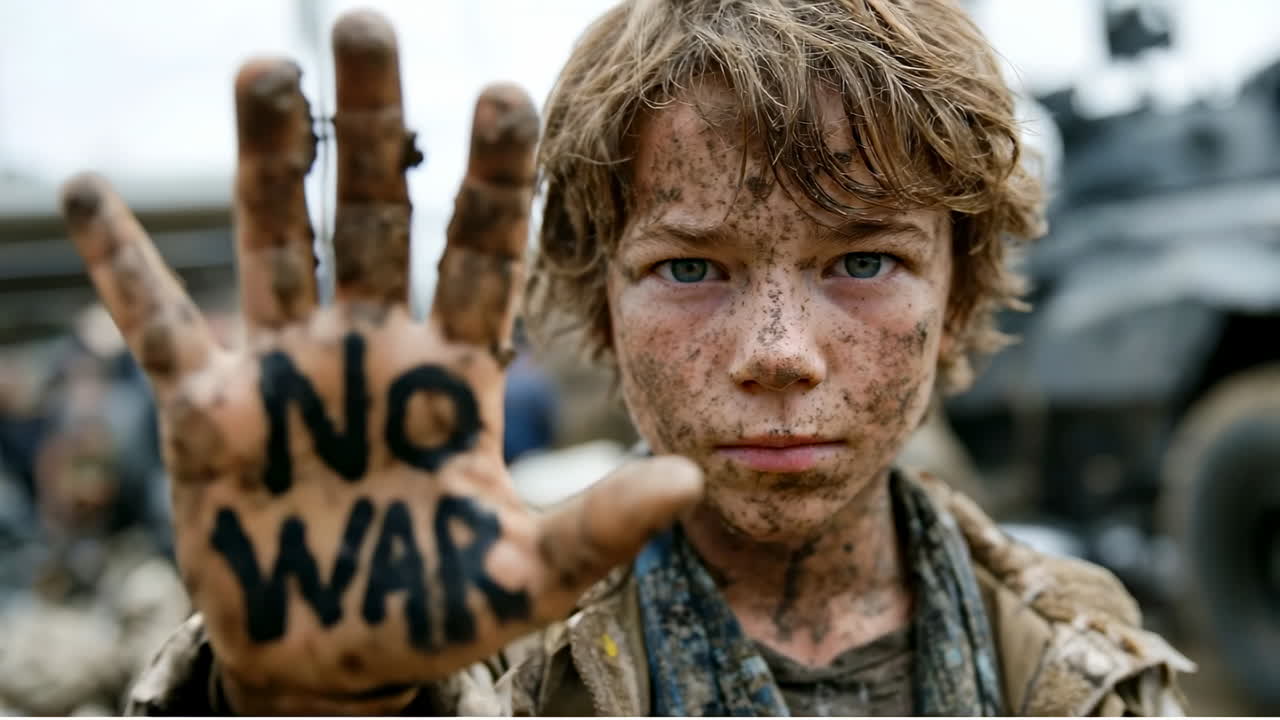 Child calls for peace in war. A young boy with a dirty face holds up his hand, showing his message for peace while standing in a war-affected area