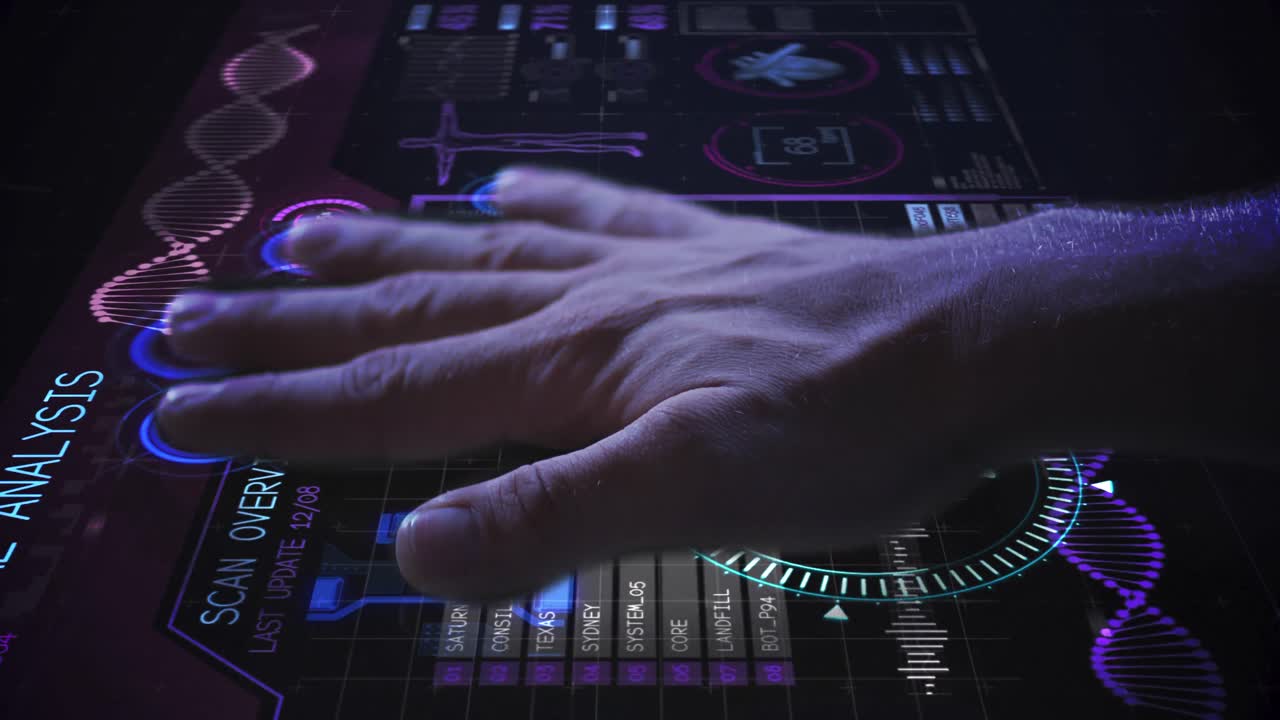 Animation of man's hand touching interactive screen reading fingerprints and medical data processing