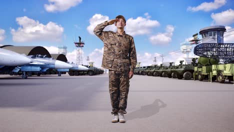 full body of asian man soldier saluting while standing at military camp