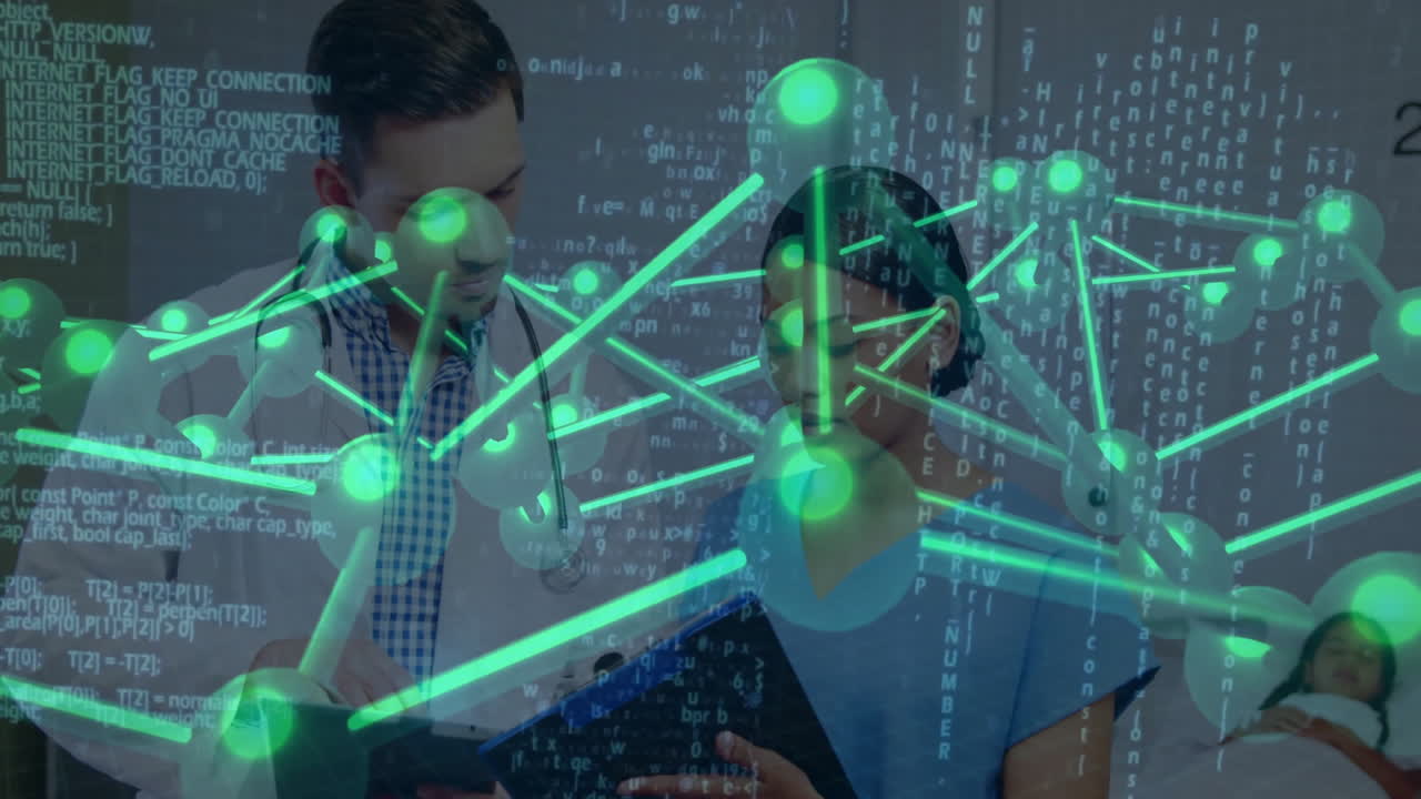 Doctor and nurse examining tablet in medical ward, showing green molecular network and code overlay