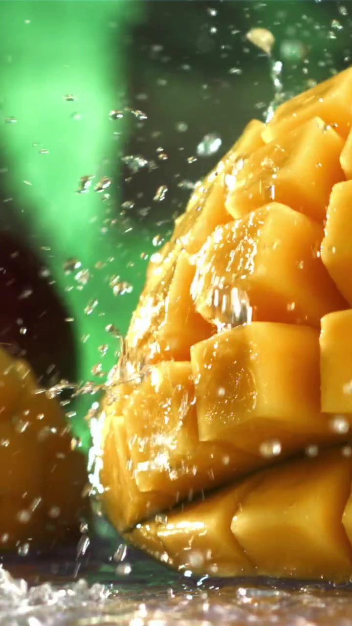 Primo piano di acqua che schizza su mango a cubetti al rallentatore