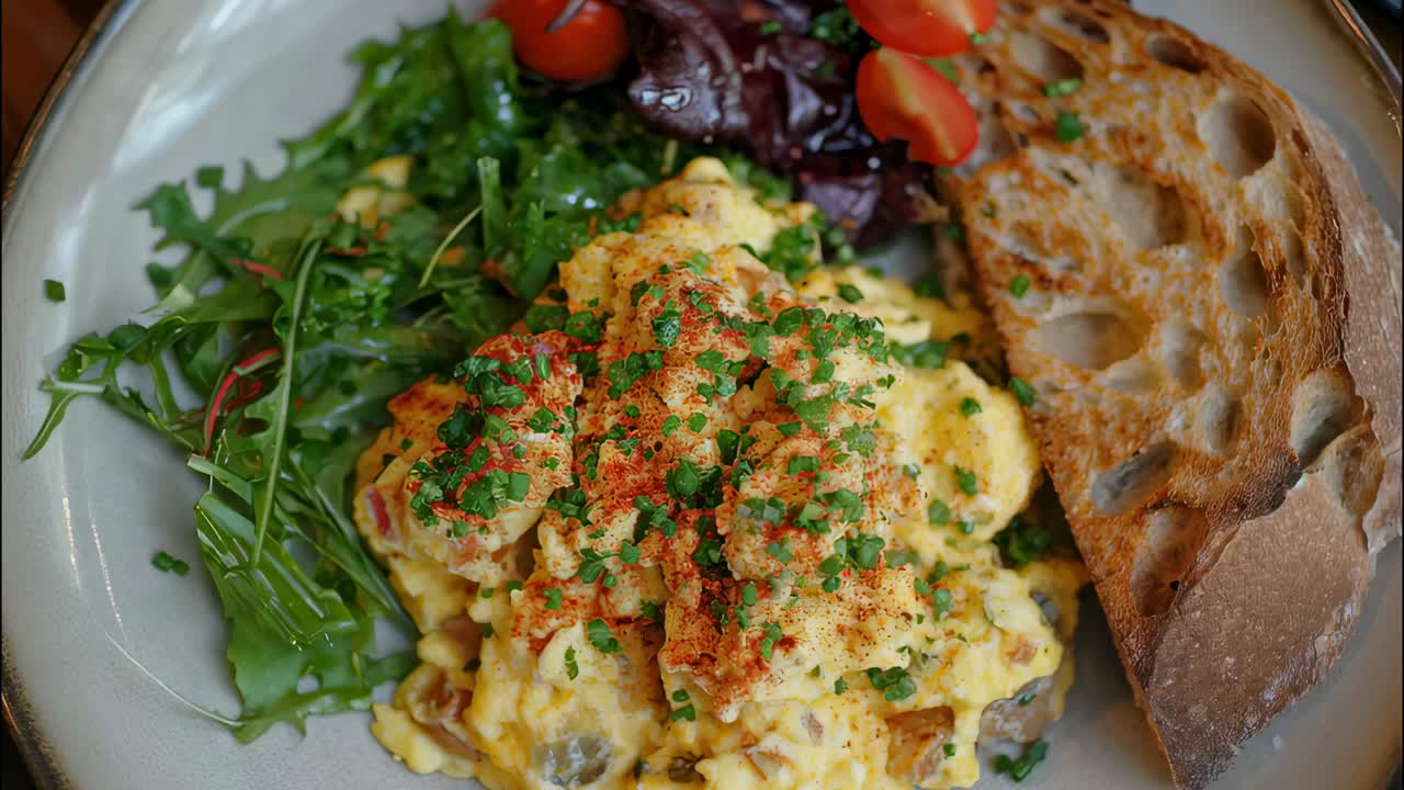 Scrambled eggs seasoned with chives and paprika served alongside toasted bread and a fresh salad of mixed greens and cherry tomatoes, composing a nutritious and appealing breakfast