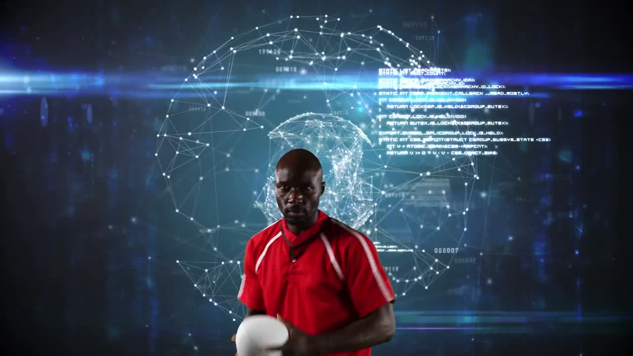 Animation of african american rugby player over globe and network of connections