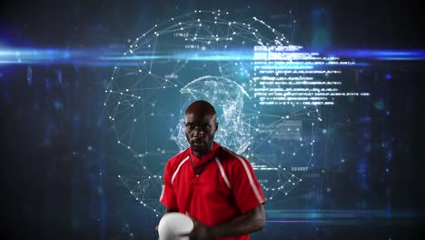 Animation-of-african-american-rugby-player-over-globe-and-network-of-connections