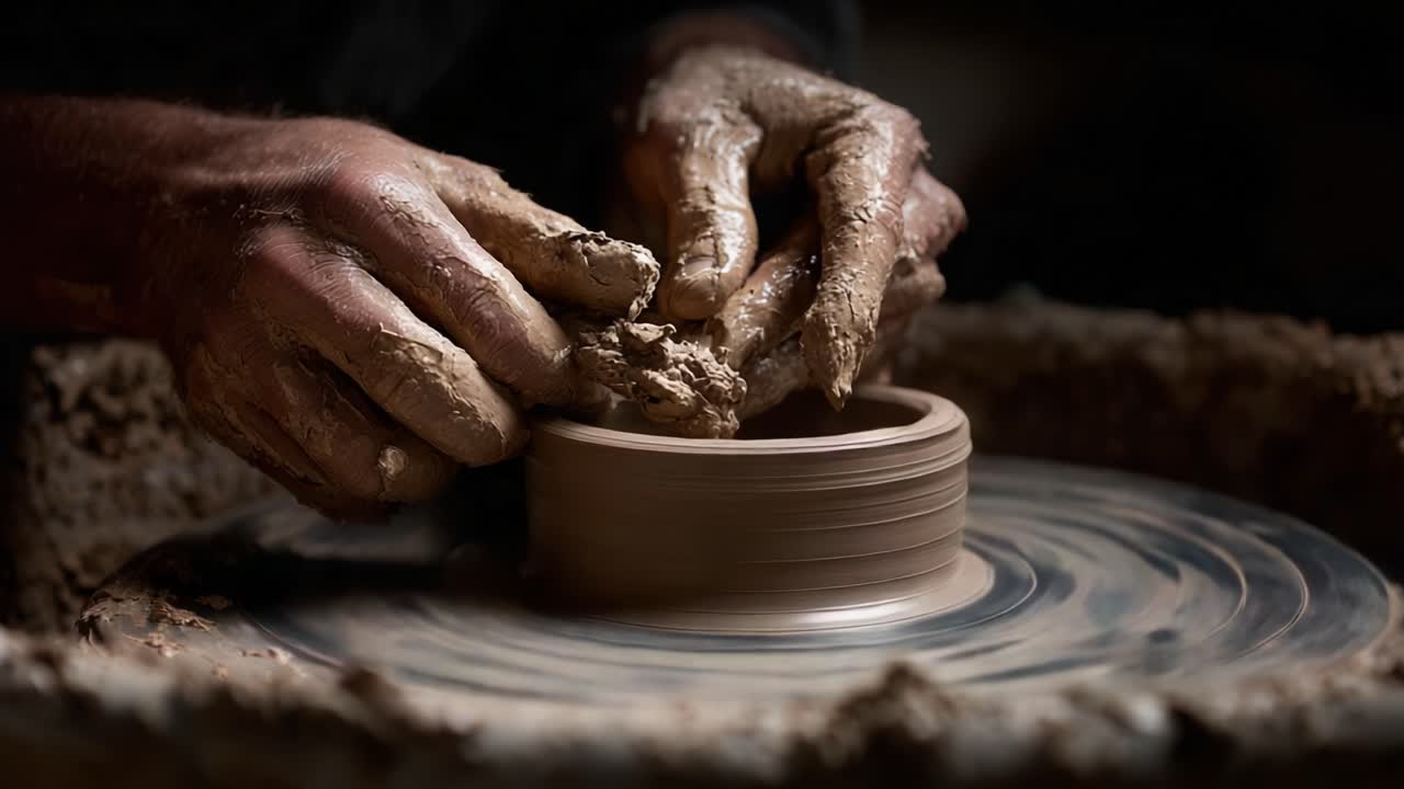 L'arte della ceramica: un abile artigiano modella l'argilla sul tornio, creando design fluidi e texture con mani esperte e precisione, catturando l'essenza dell'artigianato fatto a mano