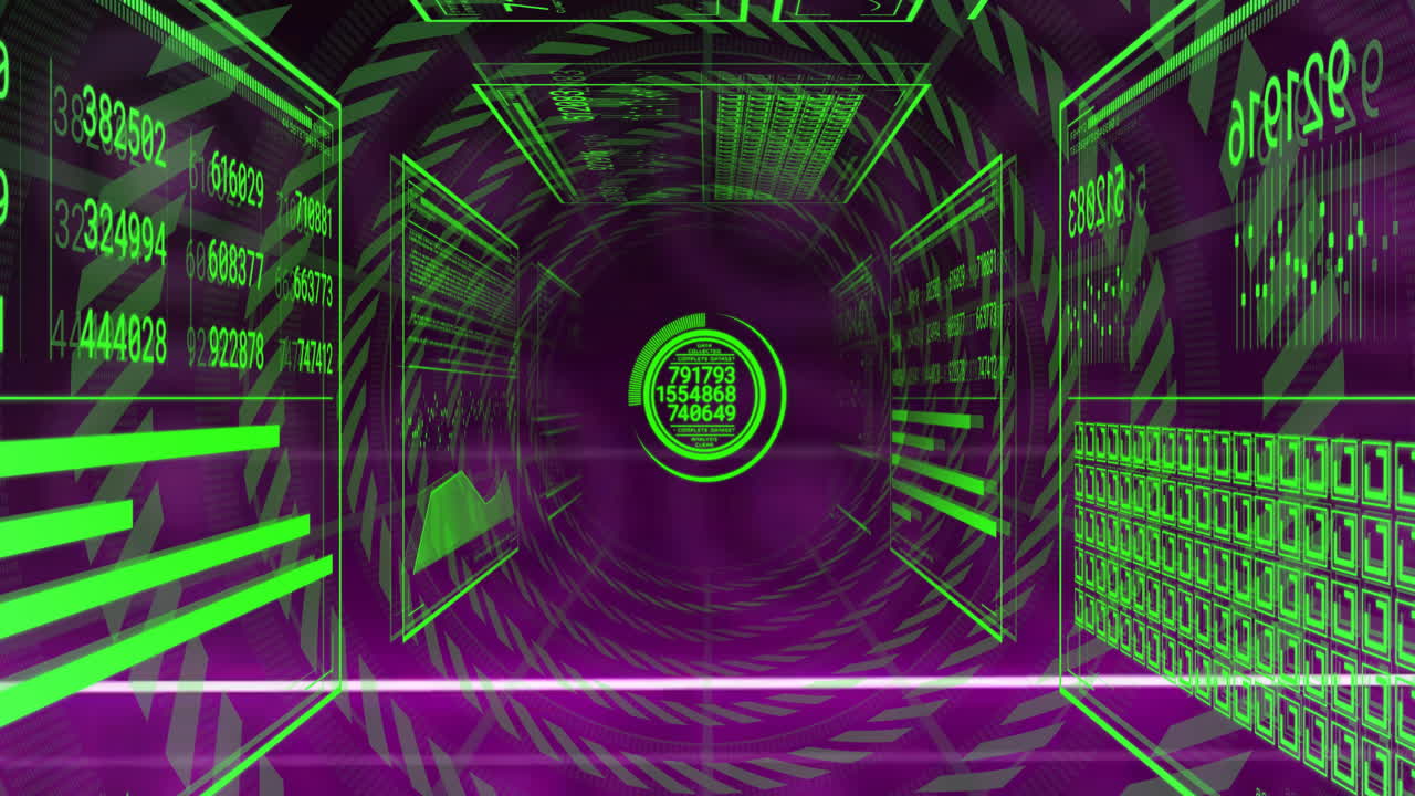 Animation of green numbers and data projections in futuristic digital tunnel