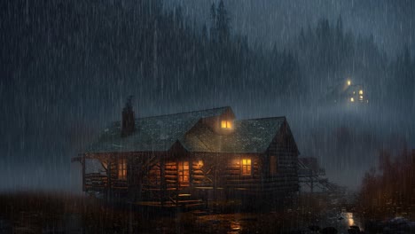 Animation-of-cabin-in-the-woods-at-nightfall-during-heavy-rainfall