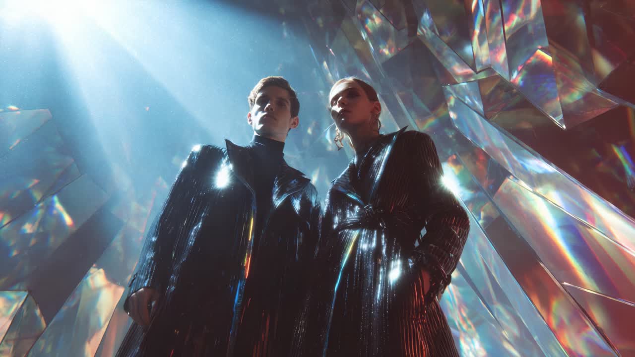 Two stylish figures stand confidently under a dazzling array of reflective surfaces, illuminated by ethereal beams of light that enhance the striking brilliance of their glossy outfits and unique environment