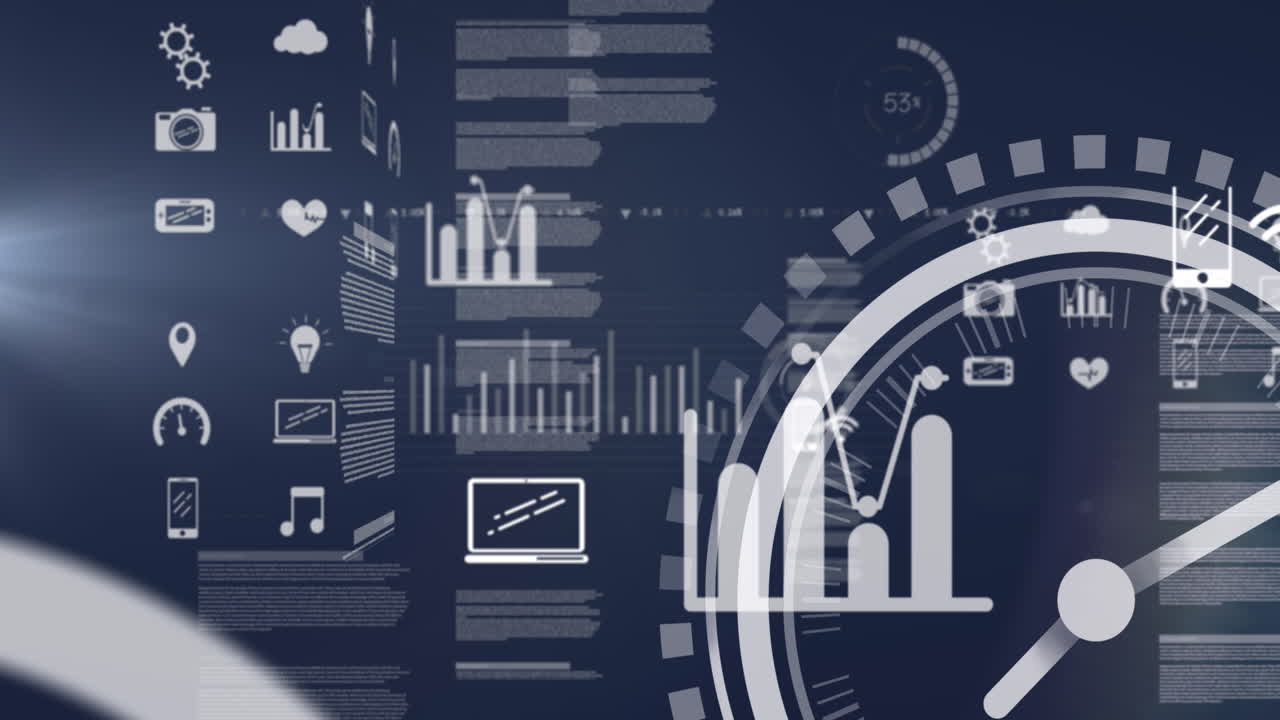 Animation of online icons data processing on blue background