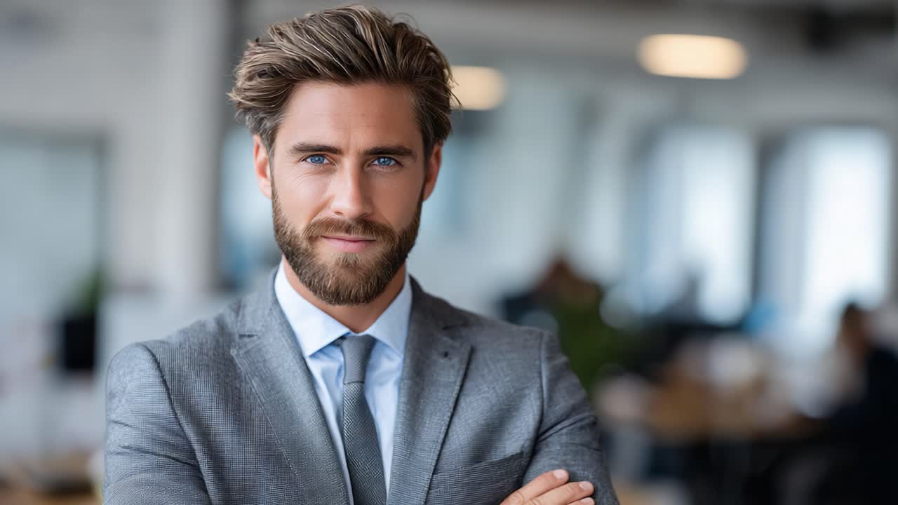 Confident Professional in Business Attire Showcases Leadership Using a Warm Smile and Engaging Posture in a Modern Office Environment